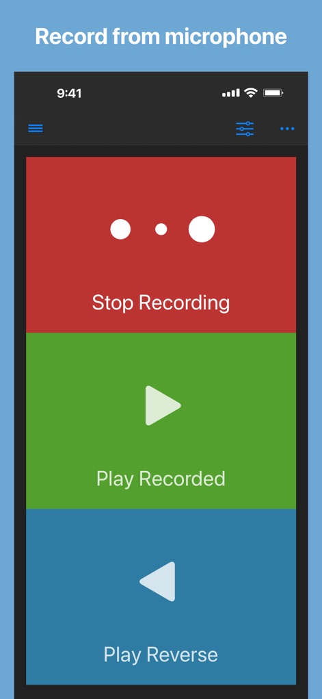 Reverse Audio - Users can effortlessly record audio with the prominent 'Stop Recording' button and immediately access playback options like 'Play Recorded' and 'Play Reverse'.