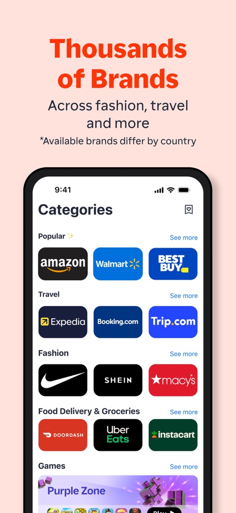 ShopBack: Cashback & Rewards - Users can navigate an extensive selection of brands organized by categories such as Popular and Travel, simplifying discovery.