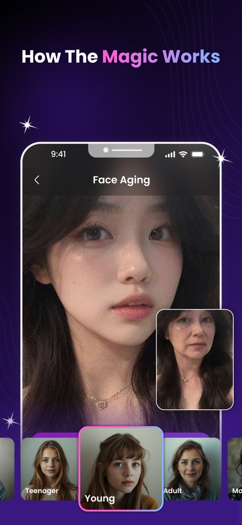 AgeLapse – Face Age Changer - Witness the transformative "Face Aging" interface, showcasing a young woman's face with options to select specific "age categories" like "Young" or "Adult" for customized results.