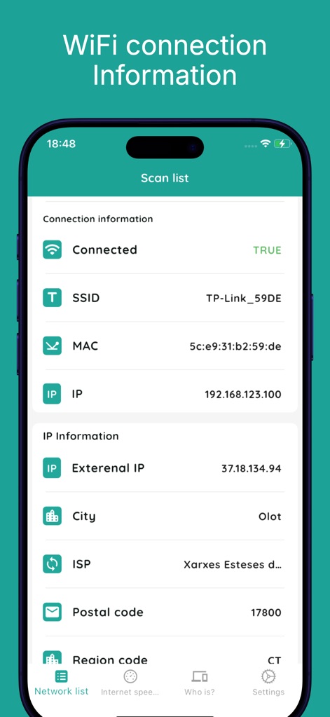Wifi password connect - Los usuarios pueden acceder a información detallada de su conexión Wi-Fi actual, incluyendo el SSID y la IP externa, para una comprensión completa de su red.