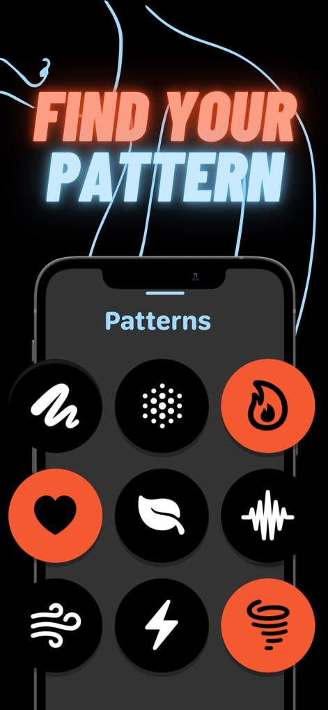 Vibrator - Strong Massage App - Esta sección presenta una variedad de 9 patrones de vibración, donde los usuarios pueden seleccionar entre distintivos íconos como el "corazón" y la "llama" para personalizar su experiencia.