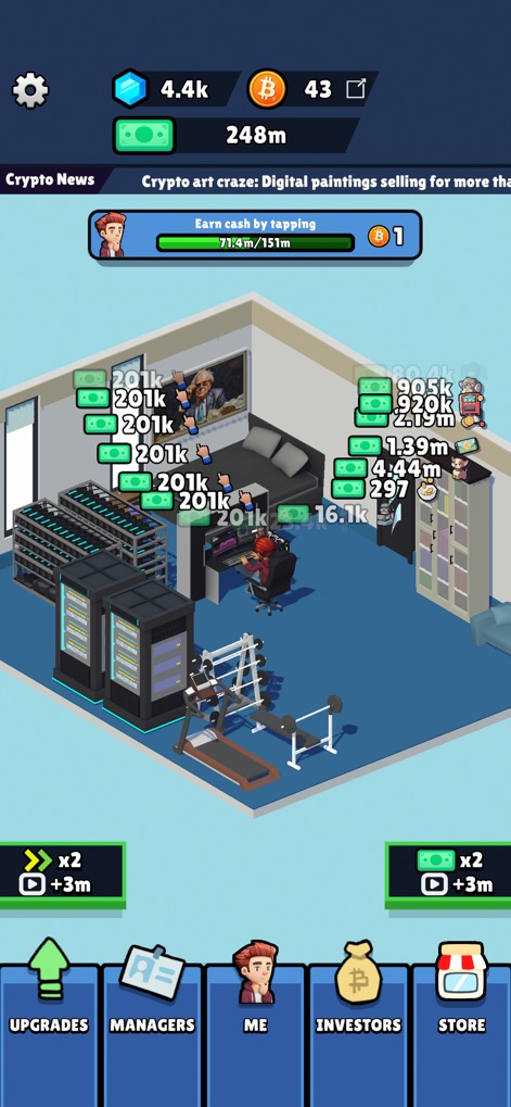 Bitcoin Empire - Observe the substantial growth of the mining operation, featuring advanced mining rigs and the continuous flow of cash and Bitcoin earnings.