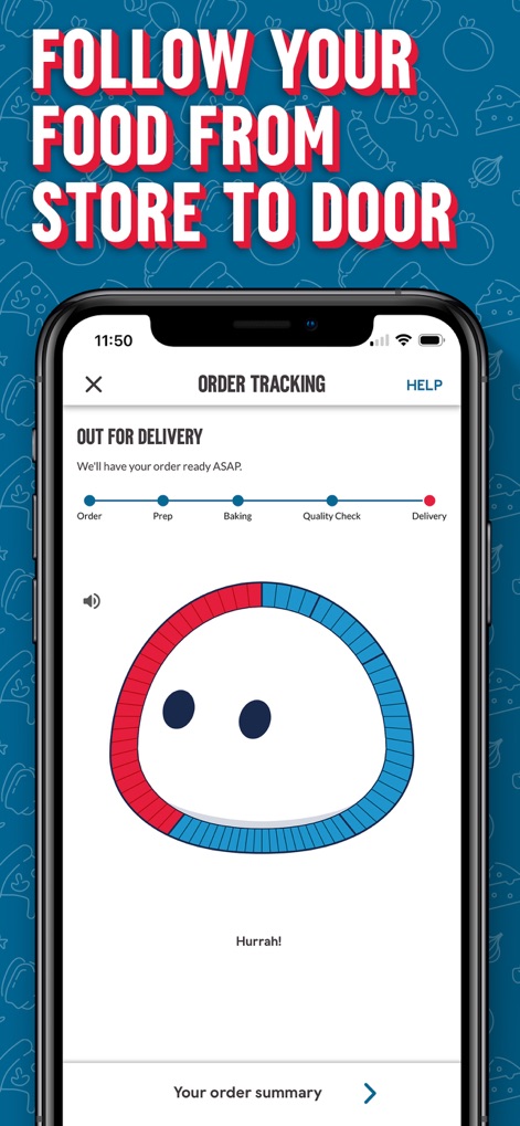 Domino's Pizza Delivery UK&ROI - La función de seguimiento de pedidos muestra el estado 'OUT FOR DELIVERY' y una animación visual que progresa, tranquilizando a los usuarios sobre el camino de su pizza.