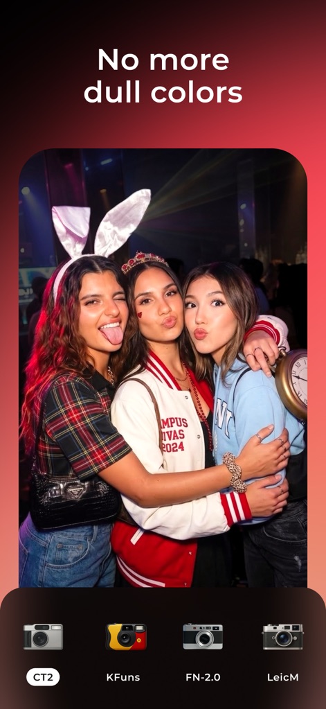 WayShot: AI Cam & Photo Editor - Users can select from various digital camera styles like 'CT2' and 'KFunc' to infuse vibrant, trendy colors into their social photos, eliminating dullness.