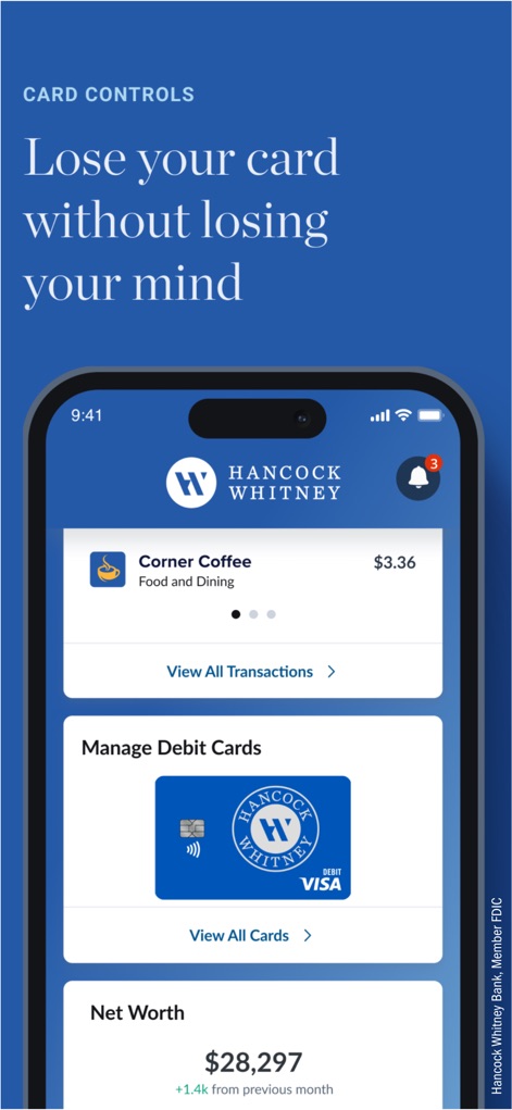 Hancock Whitney Bank - This feature allows users to securely manage their debit cards, including viewing card details and monitoring their overall net worth.