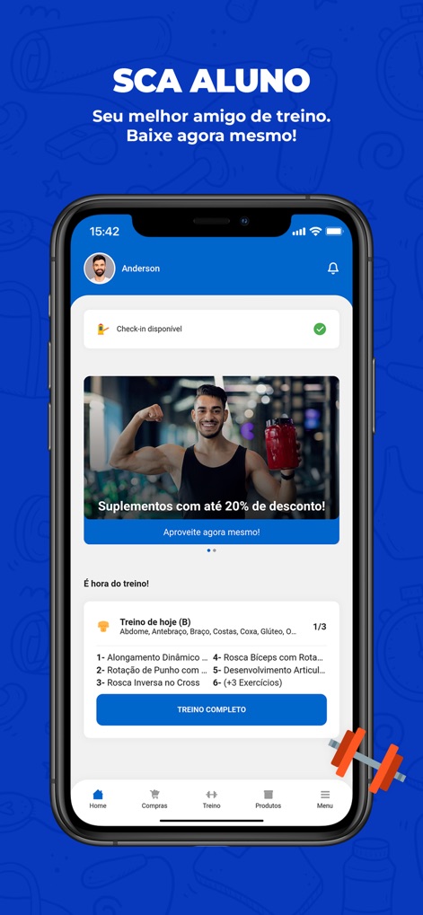 SCA Aluno - La schermata iniziale offre un rapido accesso al "Check-in disponível" per l'ingresso in palestra e una panoramica dettagliata del "Treino de hoje (B)", facilitando la gestione quotidiana dell'attività fisica.