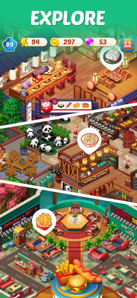 Merge Cooking® - Nutzer erkunden hier drei einzigartige Restaurantthemen, darunter eine japanische Pagode und ein Panda-Paradies, alle mit detailreicher Innenausstattung.