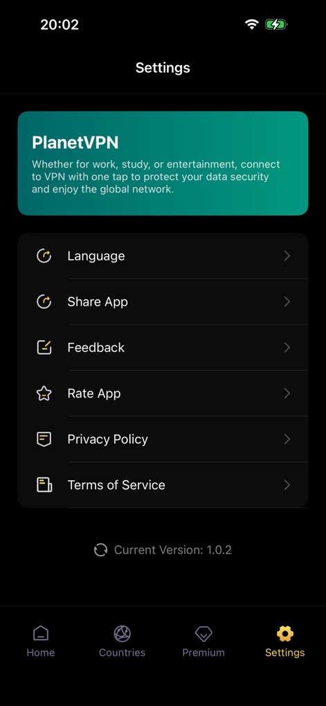VPN - Planet Super bear - 이 화면은 '언어' 설정, '개인정보처리방침' 및 '이용 약관'과 같은 다양한 관리 옵션을 제공하여 사용자 맞춤형 환경을 지원합니다.