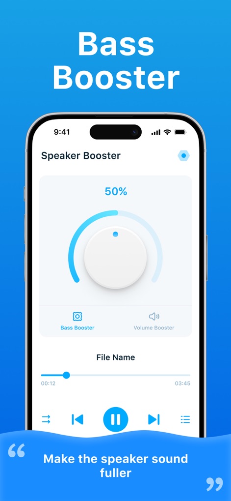 Clear Wave : Speaker Test - La interfaz ofrece un control circular del 50% para potenciar los graves y permite la navegación entre las opciones de 'Bass Booster' y Volume Booster, optimizando la experiencia auditiva.