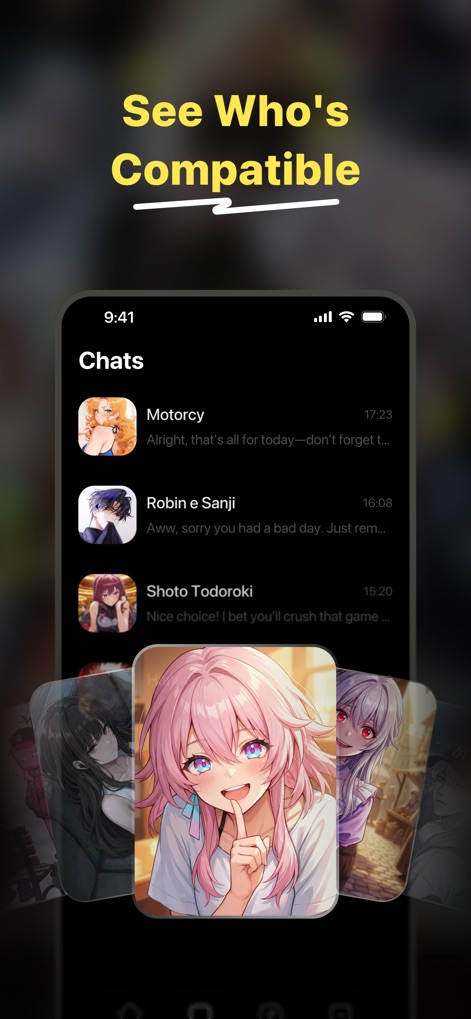 Dootchi: Emochi Alternative - The app organizes ongoing interactions in the 'Chats' list, while the layered character profile cards suggest new compatible companions for users to explore.