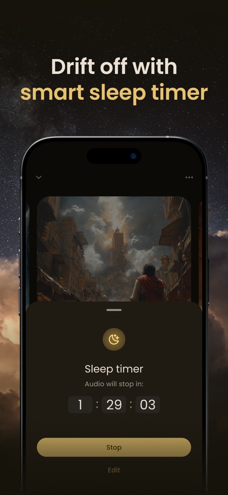 Ayatique: Quran Sleep Stories - This tool offers an intuitive sleep timer feature, enabling users to set custom durations via the 'Edit' option and view the remaining time clearly.