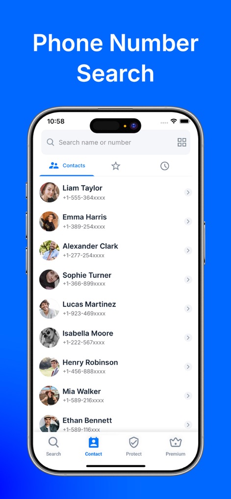 Caller ID - Spam Call Blocker - This screen showcases the intuitive "Phone Number Search" feature, allowing users to browse their contact list and utilize the prominent search bar for specific queries.