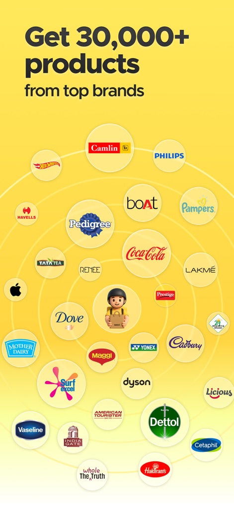 Blinkit: Groceries & more - The app features an impressive array of popular brand logos, offering users access to both everyday essentials and specialized products from 'Philips' to 'Apple'.
