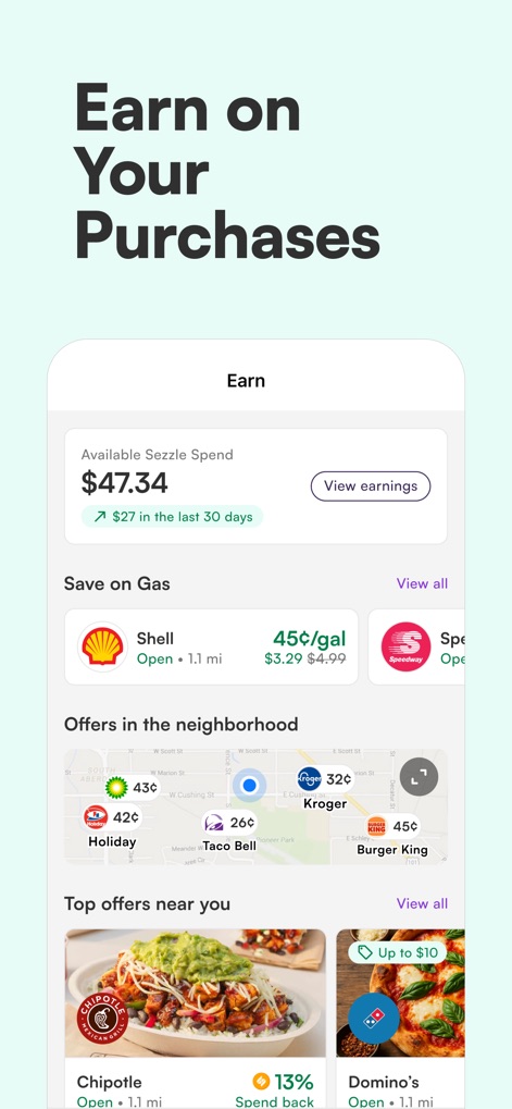 Sezzle: Buy Now, Pay Later - The app showcases "Available Sezzle Spend" and geographical "Offers in the neighborhood," allowing users to easily earn on their purchases.