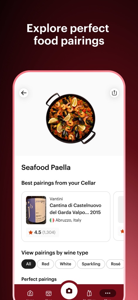 Vivino: Drink The Right Wine - Users can explore perfect food pairings, viewing specific dishes like paella and receiving wine suggestions directly from their cellar.
