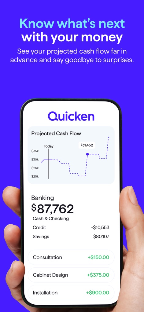 Quicken: Intelligent Money - Users can gain clarity on their financial trajectory by viewing the projected cash flow graph and detailed banking balances, updated in real time.