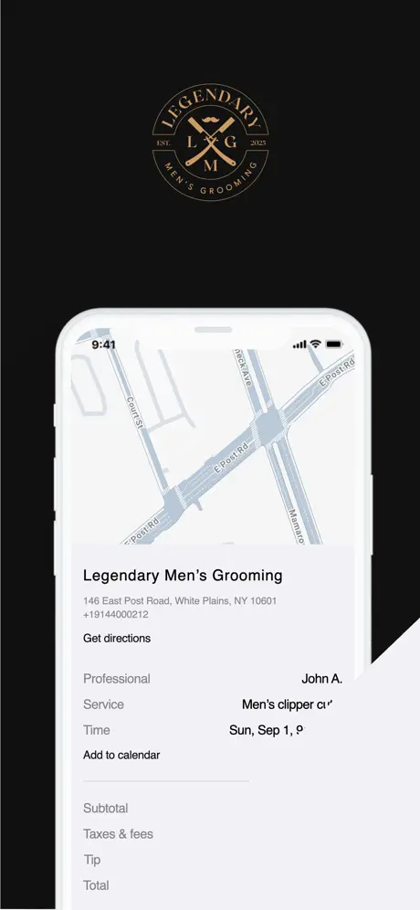 Legendary Men's Grooming app — service selection screen
