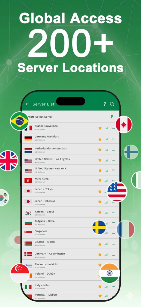 Panda VPN: Stream & Game Fast - A interface exibe uma extensa "Server List" com bandeiras de países como "Brazil" e "United States", garantindo que os usuários tenham acesso a mais de 200 localizações de servidores globalmente.