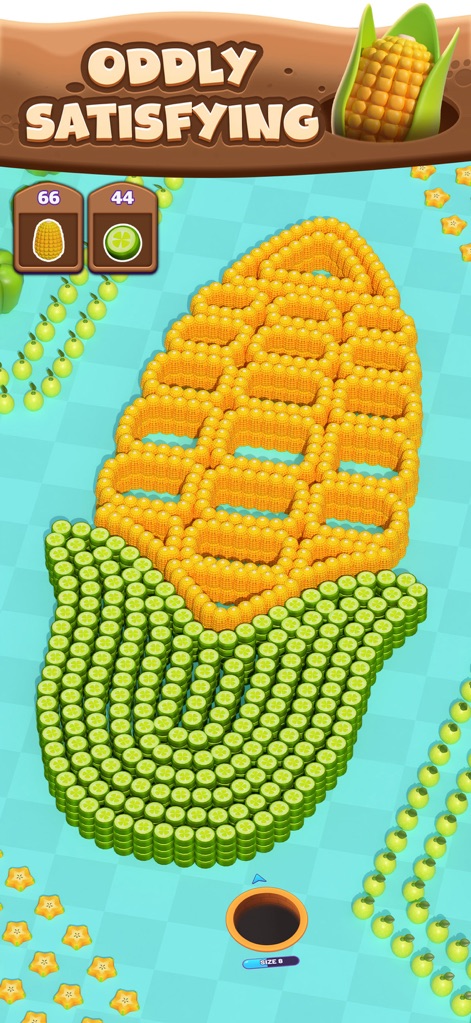 Hole Em All: Collect Master - Witness the oddly satisfying destruction of massive object formations, such as the elaborate corn cob made of individual kernels and surrounding star fruit.