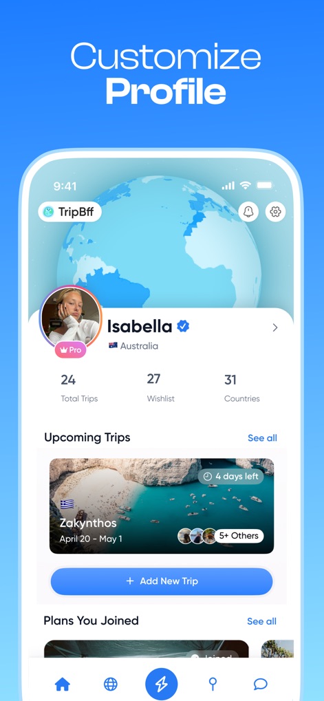 TripBFF - Solo Travel Friends - The app enables users to showcase their travel journey with comprehensive statistics like "24 Total Trips" and "31 Countries", while allowing them to manage their "Upcoming Trips" and "Wishlist".