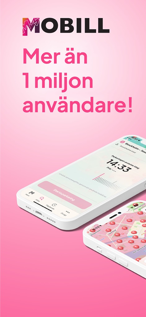 Mobill - Parking & Charging - Dieses Bild hebt das beeindruckende Wachstum der App hervor, indem es die Botschaft von über einer Million Nutzern zusammen mit den Benutzeroberflächen für die Parkzeitverwaltung und der Kartenansicht mit Zonen anzeigt.