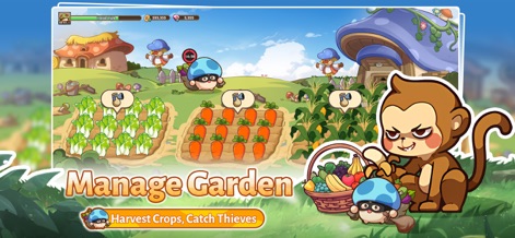 Legend of Mushroom - Dieser Screenshot zeigt die Pflege von bewirtschafteten Gartenbeeten mit unterschiedlichen Pflanzen und den spielerischen Aspekt des Diebe fangens, dargestellt durch den frechen Affen.
