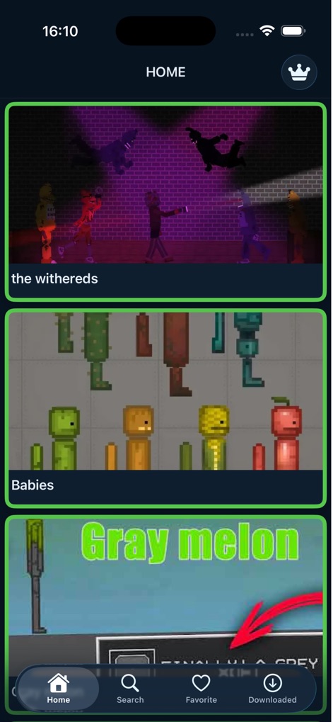 Mods For Melon Playgrounds! - このホーム画面では、「the withereds」や「Babies」といった多様なモッドパックのサムネイルが閲覧でき、アプリ下部のナビゲーションバーから「検索」や「ダウンロード」などの機能に簡単にアクセスできます。