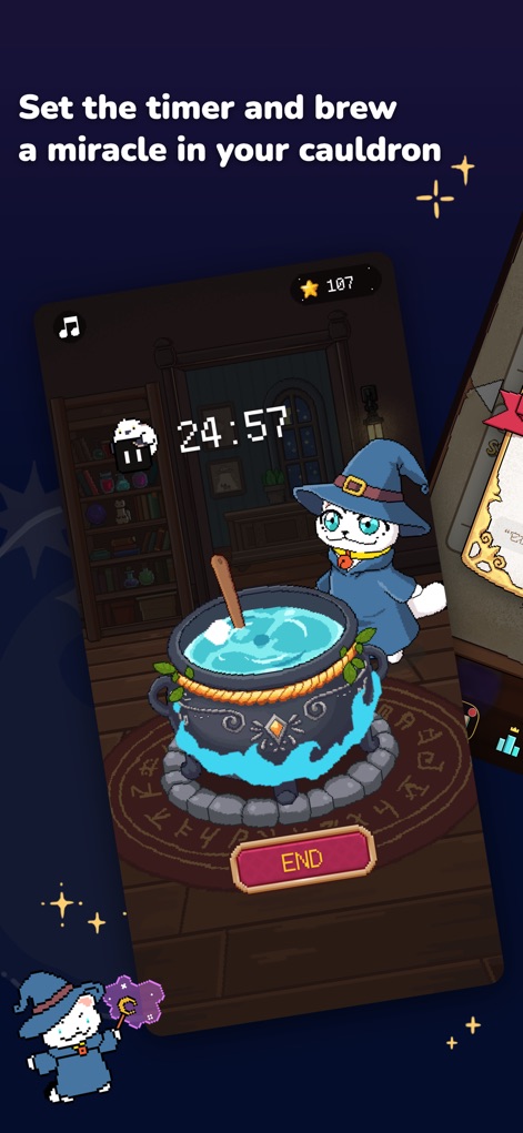 Glulu BrewTime-Pomodoro Focus - Users can activate the magical timer to initiate a focus session within the enchanting cauldron, complete with a visible countdown and an option to end the session.