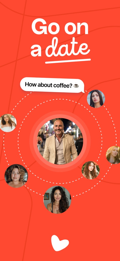 Kismia - Dating App & Chat - The app visualizes dating possibilities, positioning a central user profile amidst potential matches, accompanied by an explicit 'How about coffee?' invitation prompt.