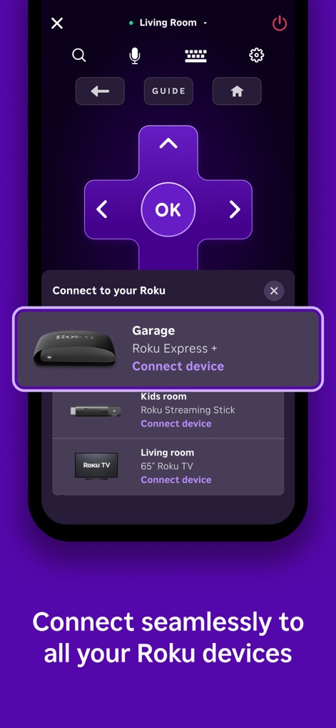 The Roku App (Official) - Simplifica la gestión de dispositivos Roku permitiendo seleccionar y conectar entre diferentes equipos como un "Roku Express +" y un "Roku TV".