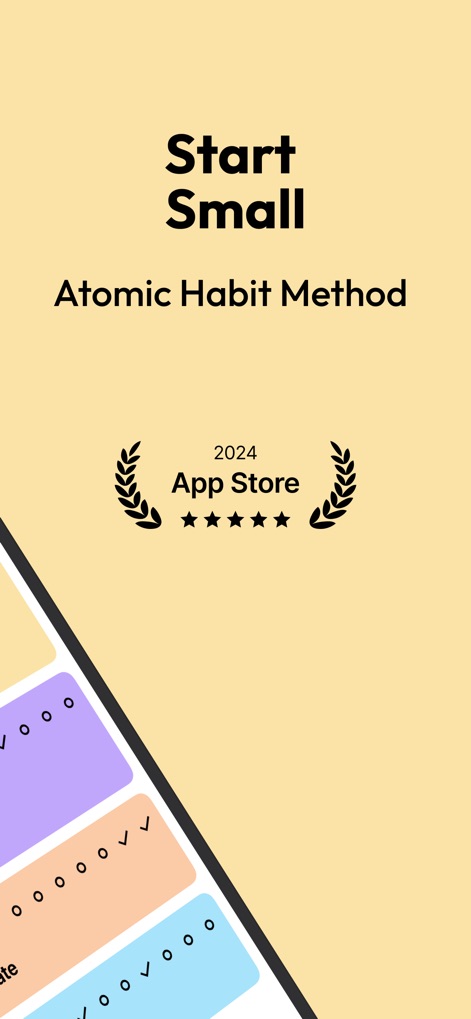 Onrise: Habit Tracker & Focus - La aplicación destaca su fundamento en el "Atomic Habit Method" de James Clear, presentando un reconocimiento de "2024 App Store" junto a una vista parcial de la lista de hábitos diarios del usuario.