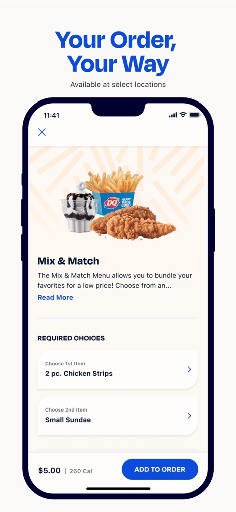 Dairy Queen® Food & Treats - The app offers flexible ordering with its 'Mix & Match' feature, enabling users to combine items like 2 pc. Chicken Strips and a Small Sundae to create personalized meal bundles.