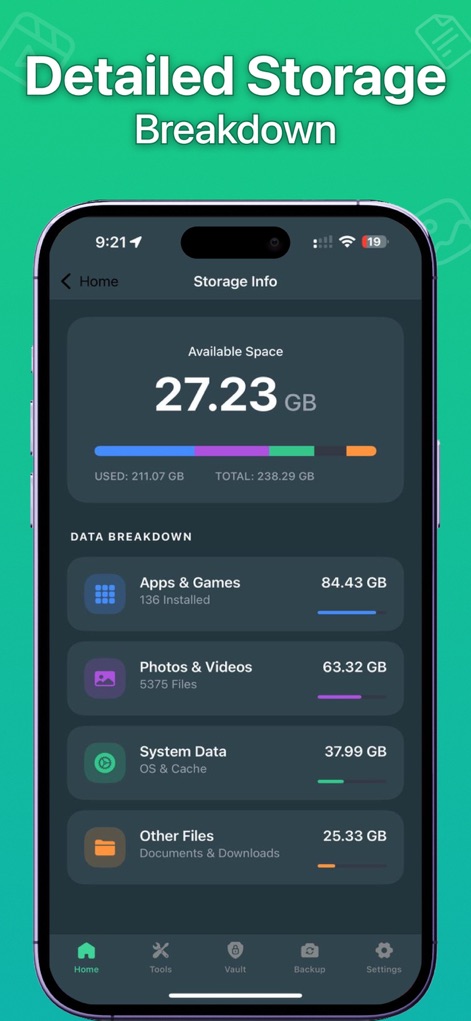 Photo Recovery: Restore Pics - O aplicativo fornece um "Storage Info" completo, mostrando o espaço disponível e um detalhamento claro de "Photos & Videos" usados no dispositivo.