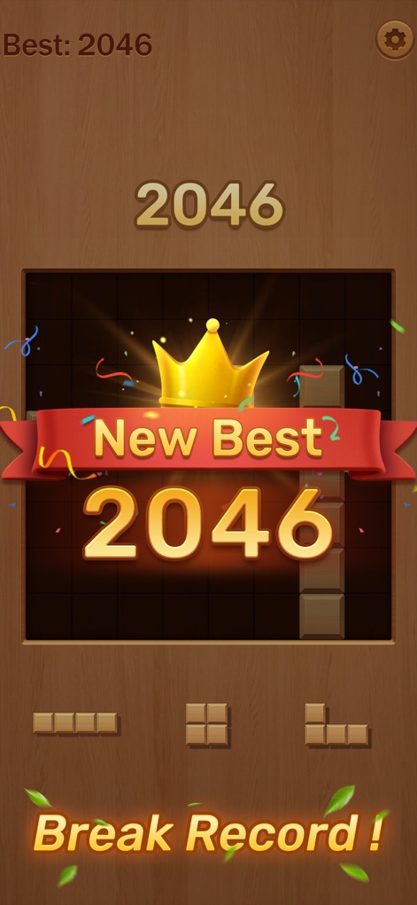 Woody Block:Puzzle Blast - La imagen celebra el éxito del usuario con una corona y el banner "New Best" que resalta la nueva puntuación, complementado por la animación de confeti y el texto "Break Record!" que enfatiza la satisfacción de superar el récord anterior.