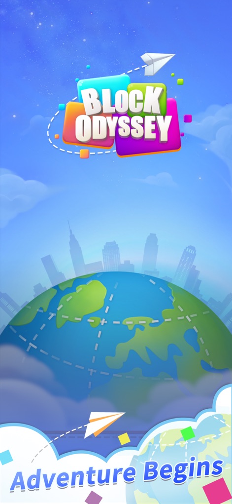Block Odyssey - The app's vibrant introductory screen features its distinctive logo and establishes the overarching global travel theme with a charming paper airplane.