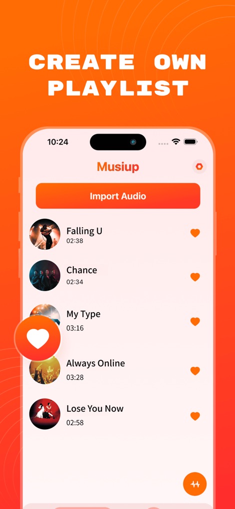 Musiup: Mp3 Music Player EQ - Esta herramienta facilita la organización musical personalizada, visible a través de la lista de canciones importadas y el icono de corazón que permite marcar fácilmente las pistas preferidas.