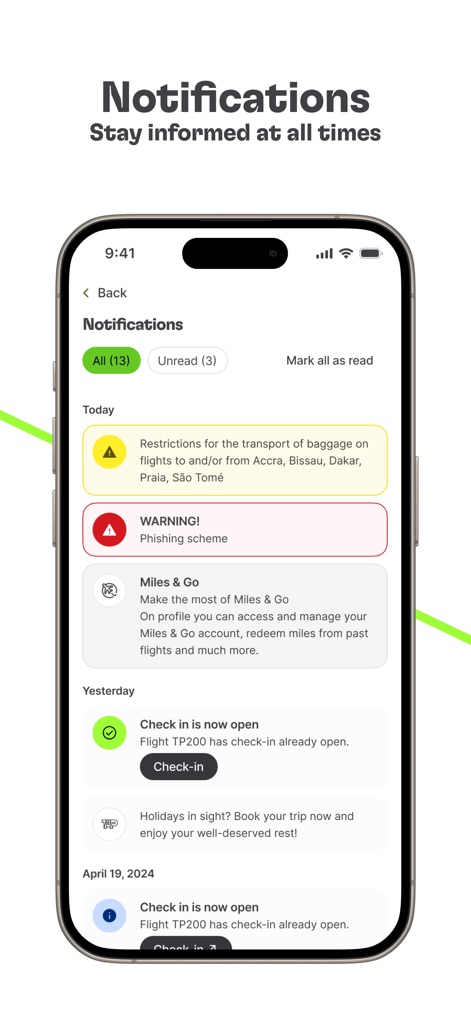 TAP Air Portugal - This feature provides comprehensive 'Notifications', keeping users informed with alerts like 'Restrictions for the transport of baggage' and 'Flight TP200 has check-in already open'.