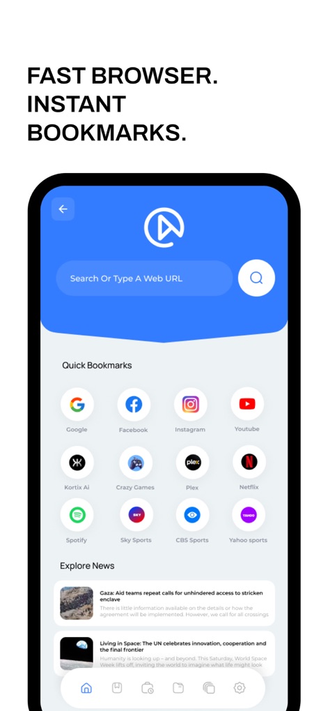 UniTV Player: Browse Movies - このアプリは高速なブラウジング体験を提供し、GoogleやNetflixなどの人気サイトへのクイックブックマーク機能と、最新ニュースを表示する「Explore News」セクションにより、効率的な情報収集が可能です。
