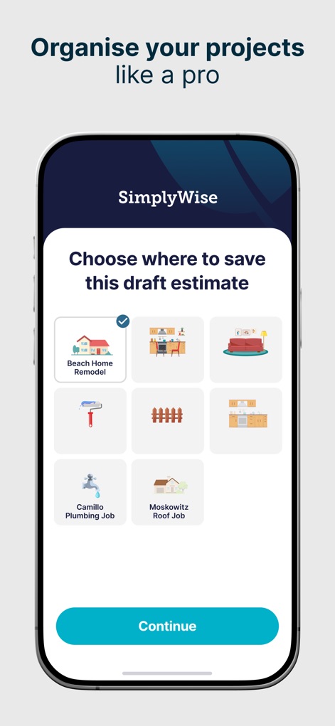 SimplyWise: Cost Estimator - The app enables efficient project organization through customizable project folders and intuitive graphical icons for easy identification.