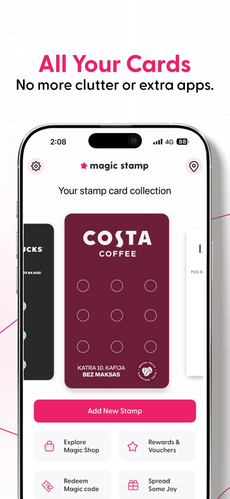 Magic Stamp - Discover the digital card wallet, providing a comprehensive view of loyalty programs through a scrollable card carousel, and expand the collection efficiently with the 'Add New Stamp' button.