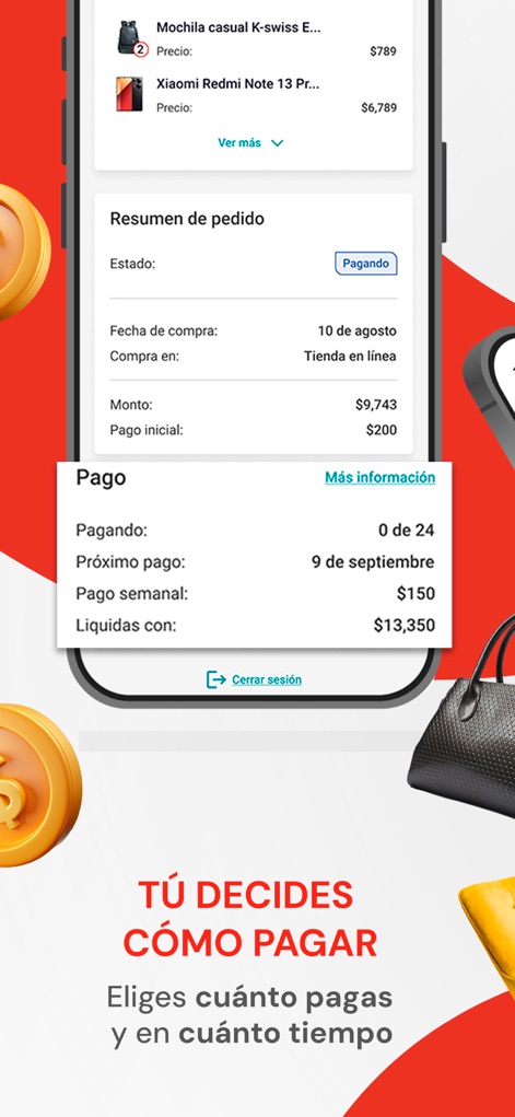 Elektra: compras en línea - Esta herramienta presenta un resumen detallado del pedido con su estado actual y un claro plan de pagos semanales, permitiendo a los usuarios visualizar su compromiso financiero.