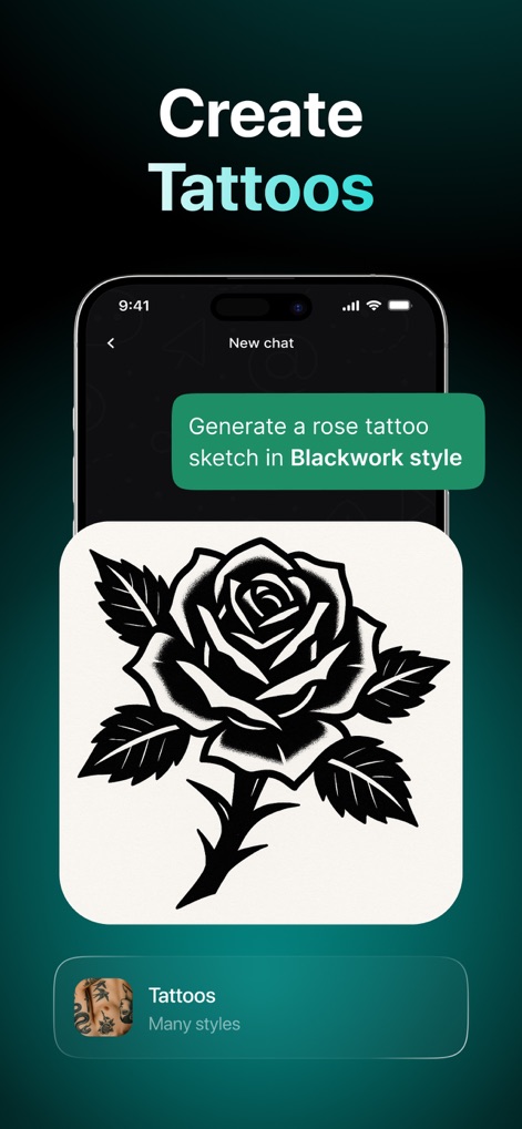 Chatbot AI: AI Chat Assistant - Users can unleash their creativity by generating unique tattoo designs, as shown by the Blackwork style rose sketch and the 'Tattoos' category indicating diverse style options.