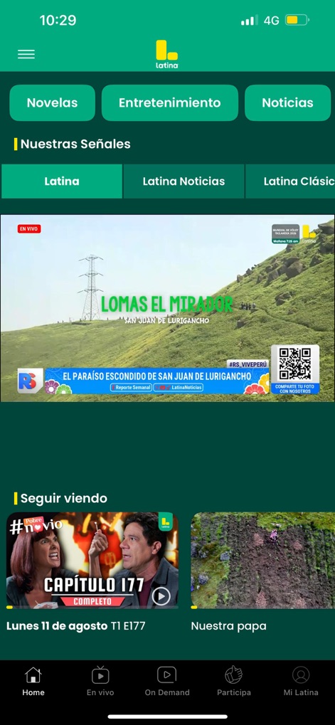 Latina - Access multiple live broadcast signals seamlessly, and easily resume content through the 'Seguir viendo' section that tracks viewing progress.