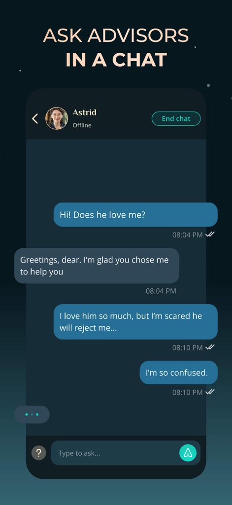 Daily Astrology Horoscope - Connect with expert advisors like 'Astrid' in a secure chat interface, allowing users to ask questions and receive personalized guidance through the intuitive text input field.