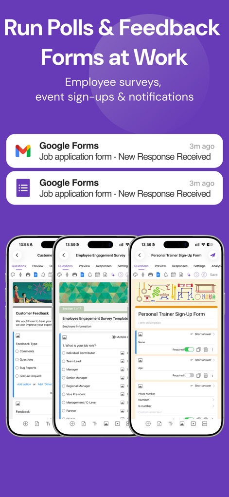 Forms for Google Drive - Esta imagen muestra las notificaciones de nuevas respuestas en tiempo real y la gestión eficiente de diversos formularios empresariales, como el de "Customer Feedback".