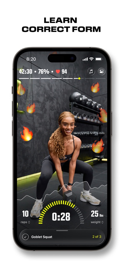 LADDER Strength Training Plans - The app ensures proper exercise execution by providing clear video demonstrations of movements like the Goblet Squat, alongside real-time feedback on reps and weight.