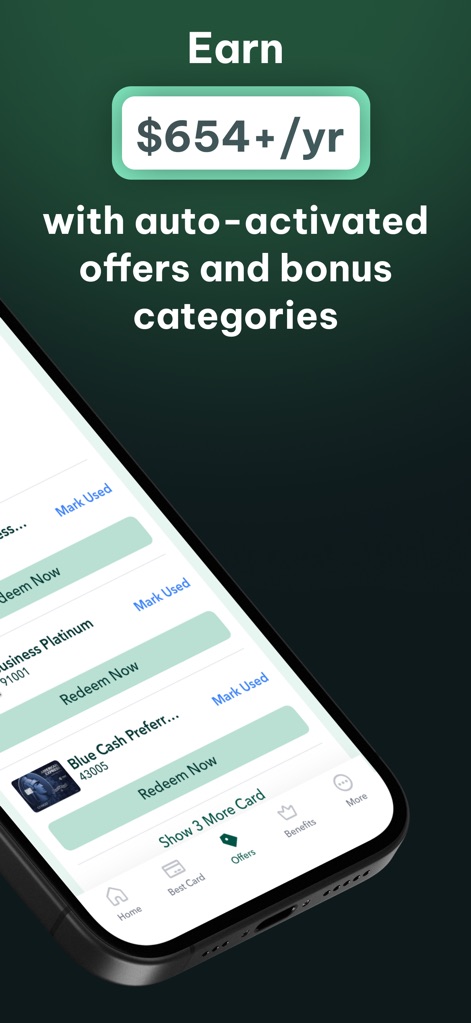 MaxRewards: Rewards & Cashback - Users can see their potential annual earnings, such as "$654+/yr," and manage offers for cards like "Blue Cash Preferred" with "Redeem Now" options.