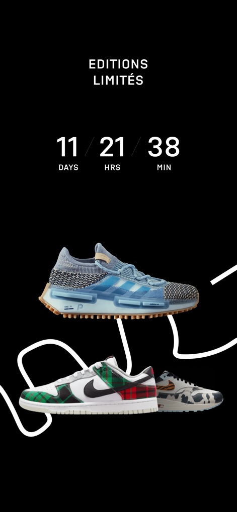 Footshop - The app highlights upcoming releases with a real-time countdown timer, showcasing exclusive limited-edition sneakers that capture immediate attention.