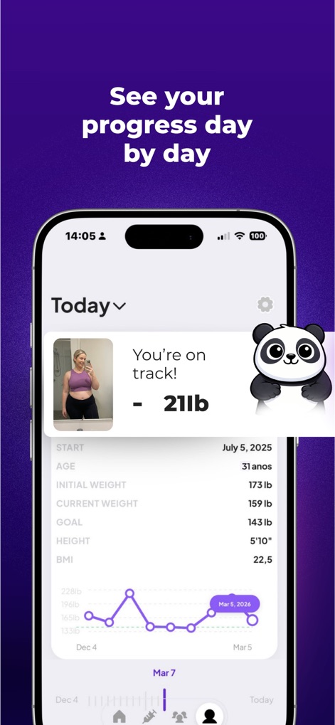 OzemPro: GLP1 Tracker - O usuário pode visualizar sua jornada de perda de peso com uma foto de progresso e um gráfico detalhado que mostra a tendência do peso ao longo do tempo.