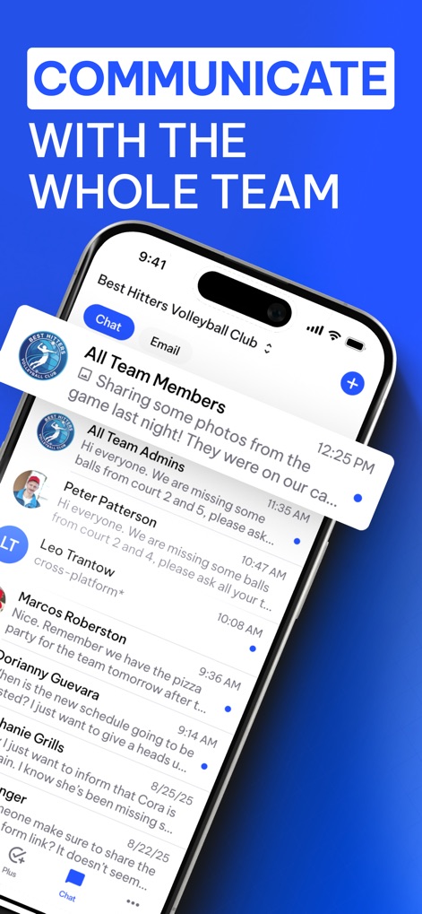 TeamLinkt - Sports Team App - L'application facilite la communication d'équipe grâce à une interface de chat en groupe, permettant aux membres d'envoyer des messages directs ou de partager des photos en toute simplicité.